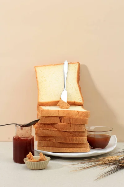 Sliced Toast Loaf White Bread Shokupan Roti Tawar Breakfast Wooden — Stock Photo, Image