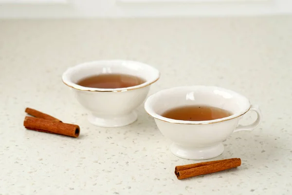 Glass Cup Tea Cinnamon Sticks White Background Isolated Close Hot — Stock Photo, Image