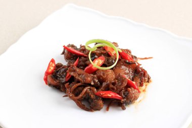 İstiridye soslu kalamar ya da kalamar (Tumis Cumi Bumbu kkapap), biberli, soğanlı, aromalı, domates soslu ve istiridye soslu kalamar. Beyaz Tabakta İzole Edilmiş