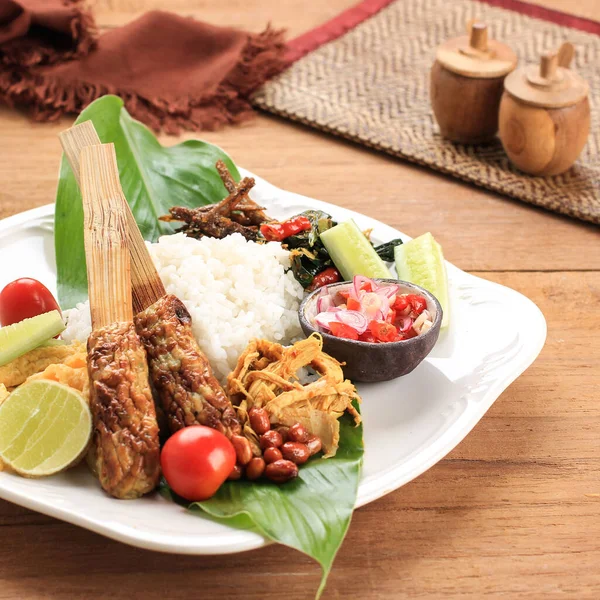 Nasi Campur Bali Popular Balinese Meal Rice Various Side Dish — Stock Photo, Image