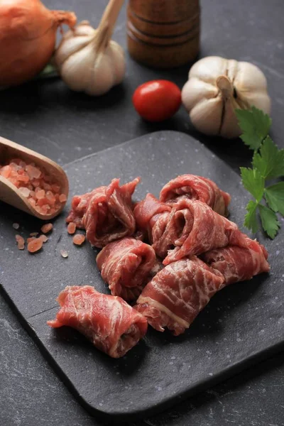 Fresh Beef Raw Meat Slice Stone Plate Sukiyaki Shabu Yakiniku — Stock Photo, Image