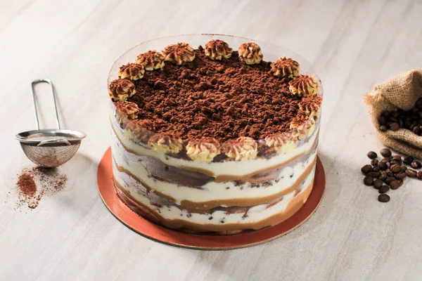 Homemade Tiramisu Cake Bron Background Delicious Italian Coffe Flavours Whole — 스톡 사진