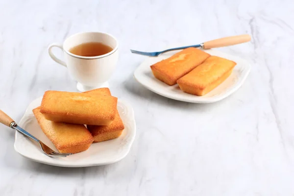 Two Plates Delicious French Financiers Cake Fresh Butter Served Tea — Stock Photo, Image