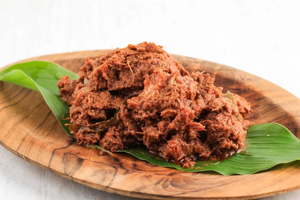 Rendang Daging Suwir Würziger Rindfleisch Eintopf Aus Padang Indonesien Isoliert — Stockfoto