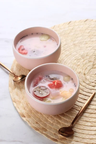 Es Campur Hongkong, Made of Jelly, Tapioca Pearl, Water Melon, Melon, Sweet Basil Seed (Selasih), and Coconut Milk or Condensed Milk, Copy Space for Text