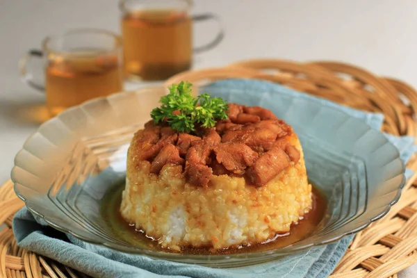 Close Homemade Nasi Tim Ayam Steamed Rice Diced Chicken Soy — Fotografia de Stock