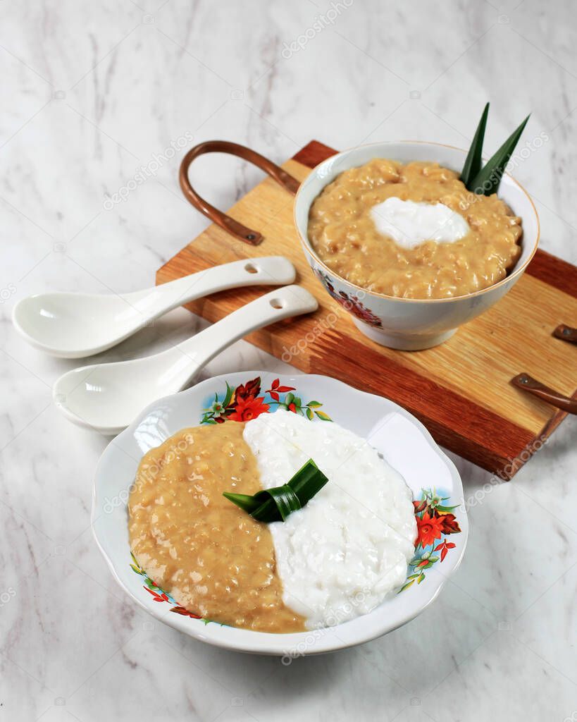Red and White Porridge (Bubur Merah Putih or Jenang Sengkolo or Jenang Abang) is a Dish for Welcome the Birth of a Baby in the Javanese. Made from Rice, Sugar, Coconut Milk, Pandan Leaves, and Salt.