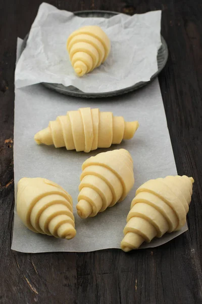 Frozen Croissant Process Making Home Croissant Raw Croissant Preparation Pečení — Stock fotografie