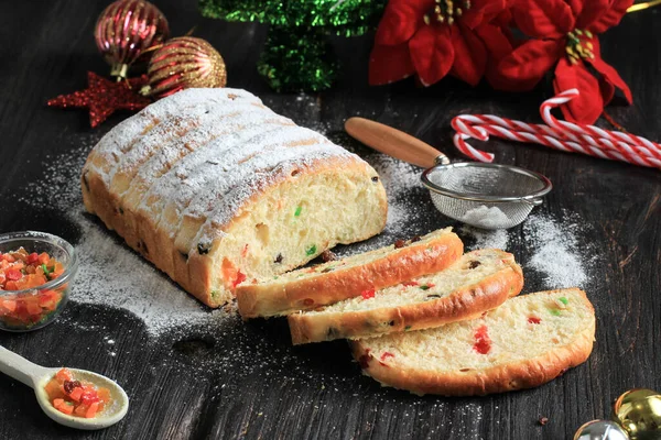 Christmas Stollen Traditional Sweet Fruit Loaf German Bread — Stock Photo, Image
