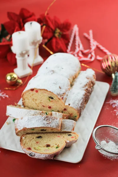Christmas Stollen Rustic Background Traditional Christmas Festive Pastry Dessert German — Stock Photo, Image