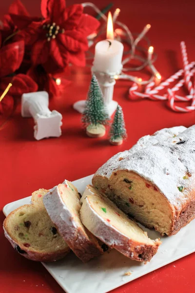 Christmas Stollen Rustic Background Traditional Christmas Festive Pastry Dessert German — Stock Photo, Image