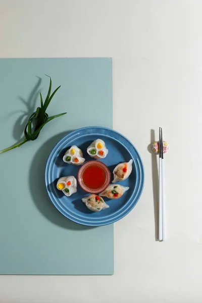 Dumplings Maison Dim Sum Avec Des Crevettes Farcies Des Légumes — Photo