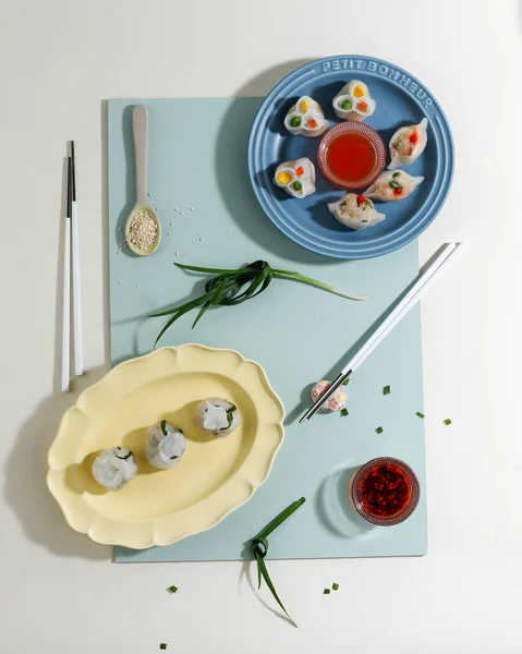 Flatlay Divers Yumcha Dim Sum Dumpling Sur Plaque Couleur Pastel — Photo