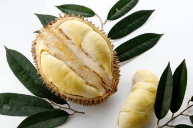 Tayland 'dan Durian Monthong Meyve Kralı, Beyaz Arkaplanda. Yaprakla süslenmiş.