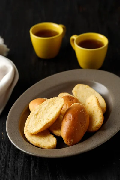 Bagelen Kenyértorta Ropogós Kenyér Vajszóróval Fehér Cukorral Általában Szolgált Tea — Stock Fotó