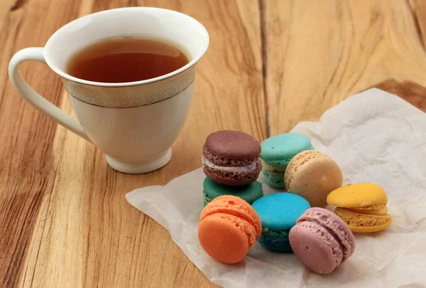 Baby Macaroon Wooden Table Served Cup Tea Selected Focus — Stock Photo, Image