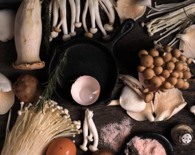 Çeşitli Çiğ Mantar Türleri - Portobello Mantarları, Şampiyonlar, Shimeji, Enoki Mantarları. Mantar Arkaplan, Kırsal Ruh hali Üst Görünümü