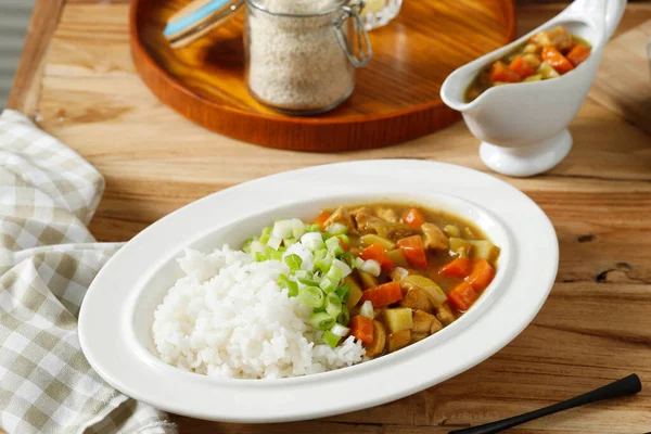 Japanese Curry Rice Meat Carrot Potato Chopped Green Onion Top — Foto de Stock