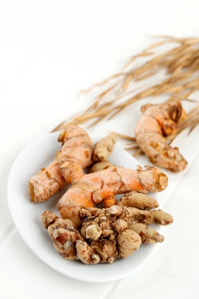 Rhizome Herbs Turmeric Sand Ginger Kaempferia Galanga White Table Dalam — Stok Foto
