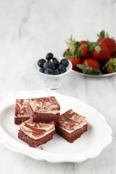 Red Velvet Squares Brownies Stack White Plate — стоковое фото