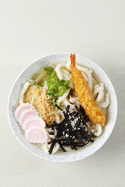 Top View Japanese Udon Seafood Broth Crispy Tempura Green Onion —  Fotos de Stock