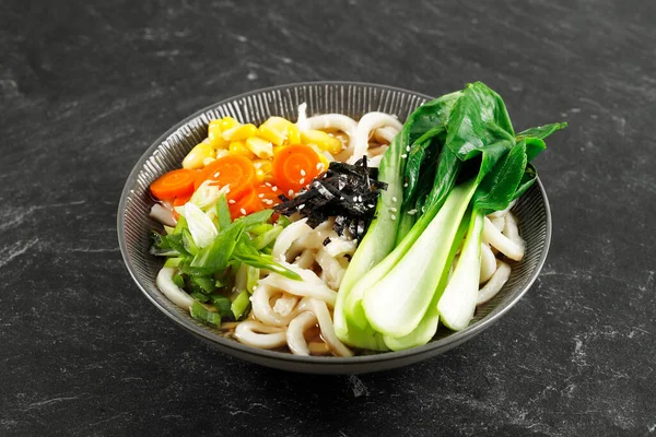 Vegetable Vegan Udon Corn Carrot Bok Choy Topping Nori Laver — Stockfoto