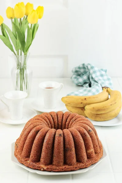 Simple Bundt Banana Cake without Topping. Served with Tea