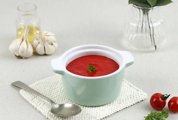 Tomato Soup or Red Tomato Puree in a Bowl, Concept Baby Healthy Homemade Food