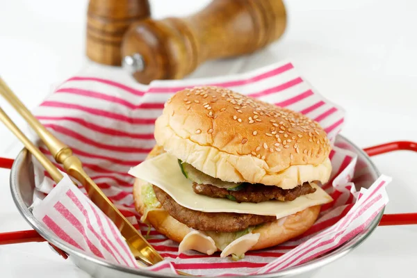 Close Homemade Premium Cheese Hamburger Golden Plate White Table — Stockfoto