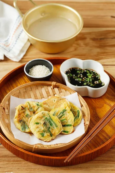 Homemade Korean Pajeon Scallion Chives Pancakes Dipping Sauce Sesame Seed — Stock Photo, Image