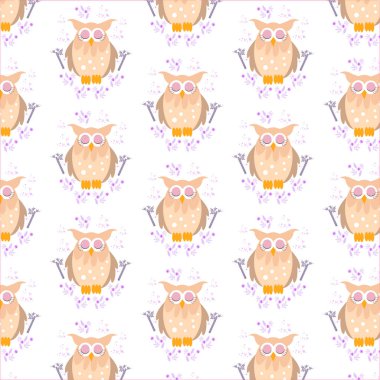 Yaprak ve çiçeklerle dolu bir dala tünemiş pembe baykuş