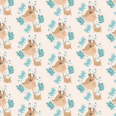 Etrafında yaprak süsleri olan geyik desenleri.