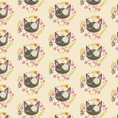 Etrafı yaprak süslemeli ve kahverengi arkaplanlı sevimli kedi deseni.