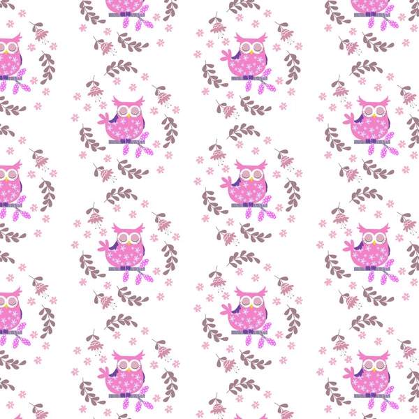 Mignon Mignon Motif Hibou Violet Avec Des Ornements Fleurs Feuilles — Image vectorielle