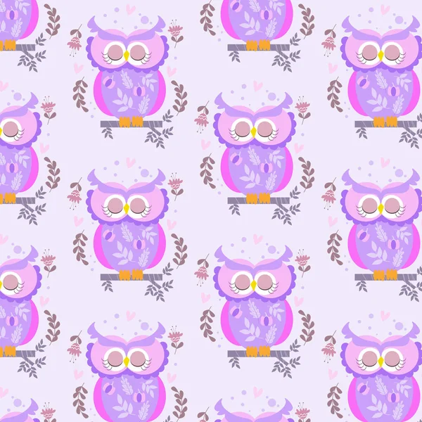 Mignon Mignon Motif Hibou Violet Avec Des Ornements Fleurs Feuilles — Image vectorielle