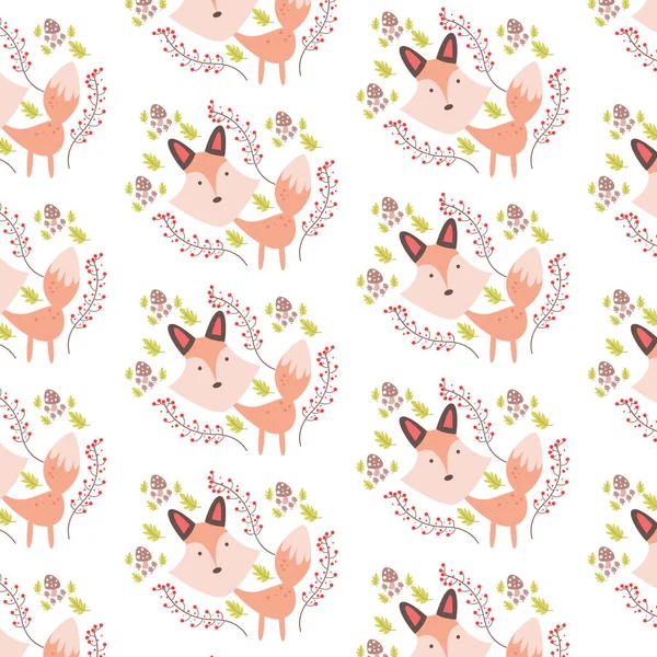 Mignon Motif Loup Orange Clair Avec Des Feuilles Des Fleurs — Image vectorielle