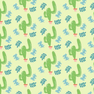 Etrafında yapraklar ve yumuşak yeşil arkaplan olan kaktüs deseni