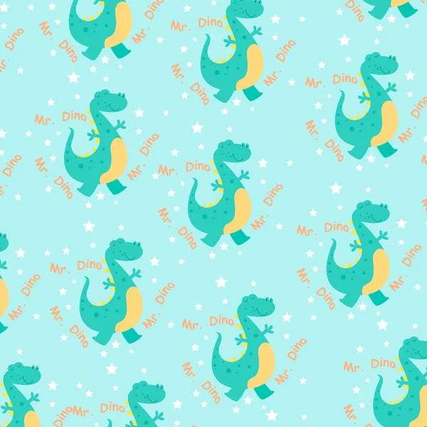 Motif Dino Mignon Avec Étoiles Fond Vert — Image vectorielle