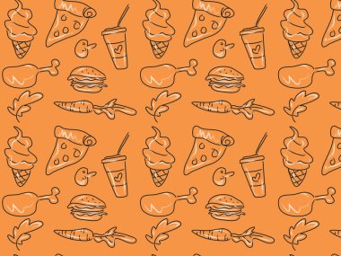 Elle çizilmiş pizza, içecek, dondurma, et, yaprak ve havuç deseni