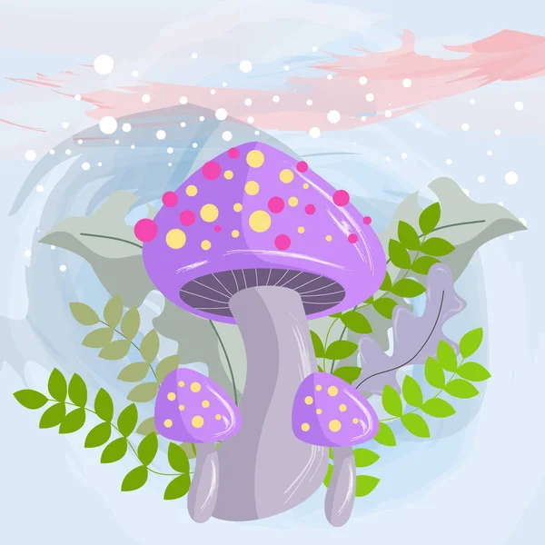 Mushroom Character Leaf Flower Plant Background — Stock Vector