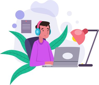 Bitki arka planında dizüstü bilgisayarın önünde çalışan birinin resmi