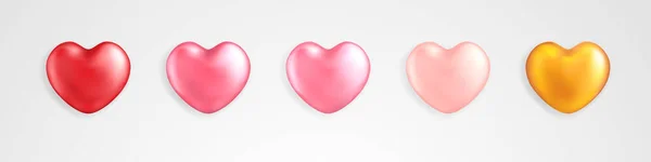 Realistische Vektordarstellung glänzender roter, rosa und goldener Herzen — Stockvektor