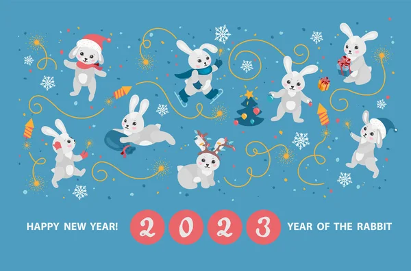 중국의 신년을 상징하는 귀여운 토끼가 인사말 카드입니다 모자를 토끼들 과즐거운 — 스톡 벡터