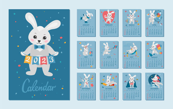 Monthly Calendar 2023 Year. Rabbit is a symbol of the 2023 Chinese New Year. Cute cartoon bunny in different situations. Week starts on sunday. Vector illustration