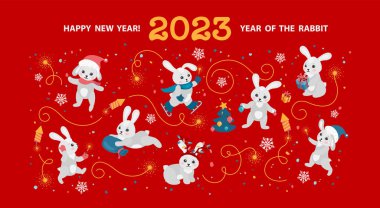İçinde çizgi film tavşanları olan yatay pankart, 2023 Çin Yeni Yılı sembolü. Noel Baba şapkalı tavşanlar ve eldivenler neşeyle kutluyor, Noel ağacını süslüyor, hediyeler hazırlıyor, maytap yakıyor.