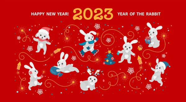 漫画のウサギと水平方向のバナー 2023中国の旧正月のシンボル サンタの帽子のバニーは クリスマスツリーを飾り 贈り物を準備し 輝きを放つ — ストックベクタ