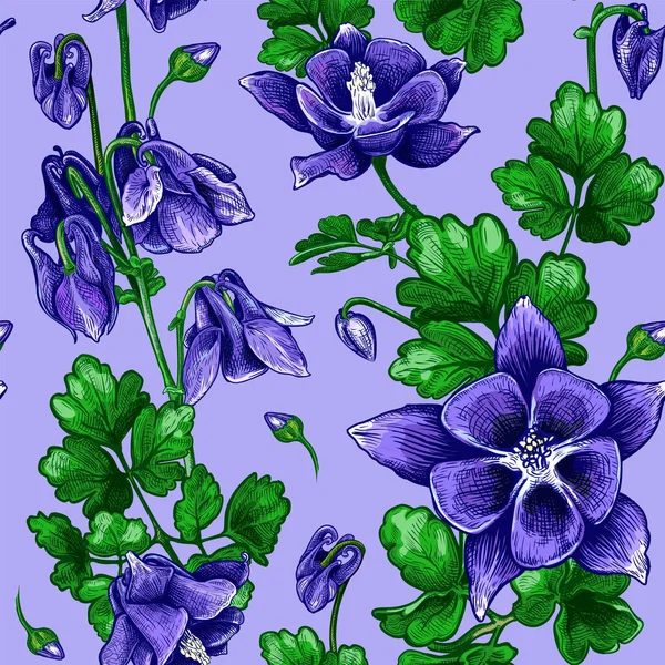 Prachtige Naadloze Patroon Met Hand Getekend Luxe Violette Bloemen Groene — Stockvector