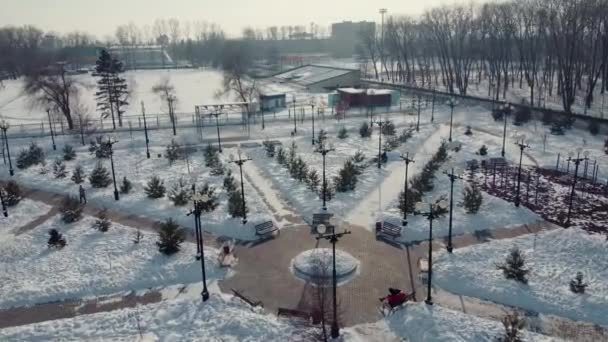 Зимова Алея Парку Взимку Заході Сонця Дрон Повільно Рухається Вперед — стокове відео