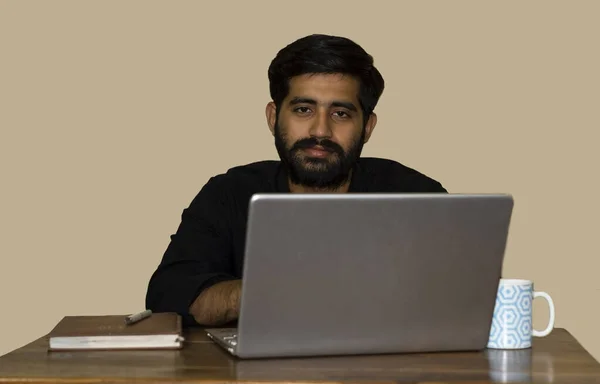 Young Indian Man Looking Camera While Working Laptop Selective Focus — Foto de Stock