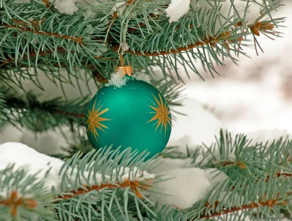 Green Christmas Ball Hanging Snow Covered Branch Christmas Tree Festive — Zdjęcie stockowe